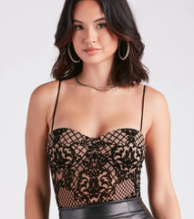 Chic Debut Flocked Velvet Bustier Bodysuit